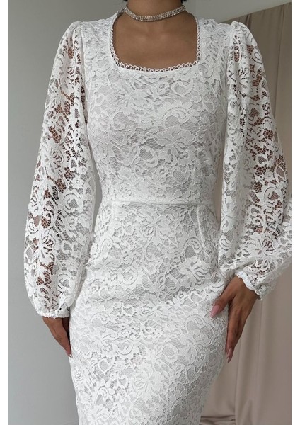 Beyaz Güpür Detaylı Dantel Elbise modelleri