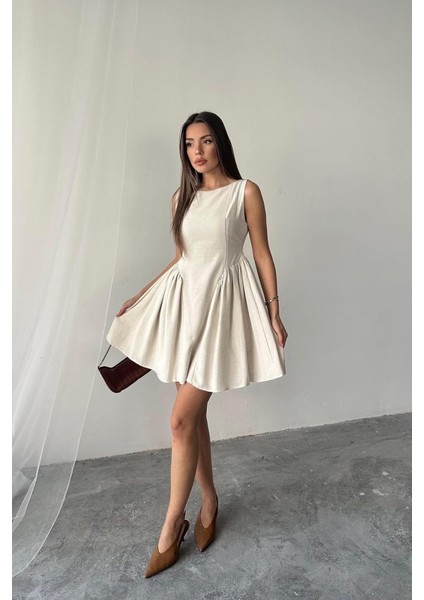 Bej Mini Boy Büzgülü Keten Elbise