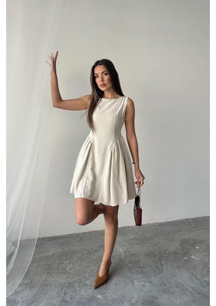 Bej Mini Boy Büzgülü Keten Elbise