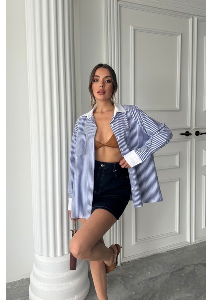 Yaka ve Manşet Beyaz Boyfriend Çizgili Poplin Gömlek - Mavi