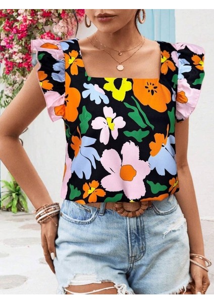Kadın Kısa Fırfır Kollu Kare Yaka Çiçek Desenli Ithal Keten Bluz modelleri