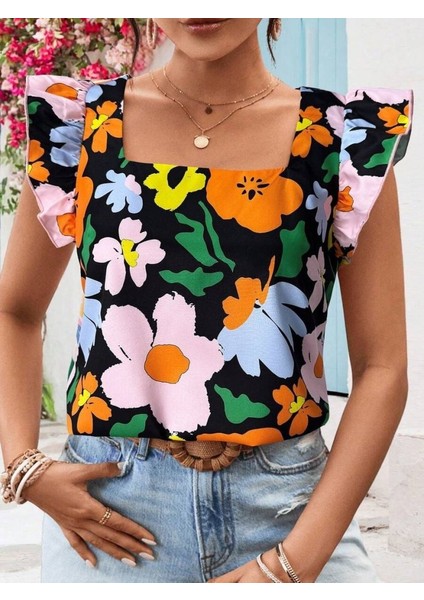 Kadın Kısa Fırfır Kollu Kare Yaka Çiçek Desenli Ithal Keten Bluz fırsatları