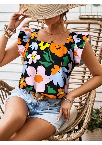 Kadın Kısa Fırfır Kollu Kare Yaka Çiçek Desenli Ithal Keten Bluz indirimleri