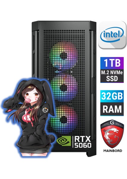 Gaming I5-5060 Intel I5 12400F 32GB Ddr5 1 Tb M.2 SSD Rtx 5060 8gb Gddr7 V3 Gaming Masaüstü Pc