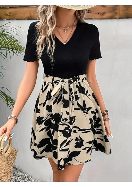 Kadın Kısa Kollu V Yakalı Belden Kuşaklı Çiçek Desenli Üst Viskon Alt Süprem Elbise modelleri