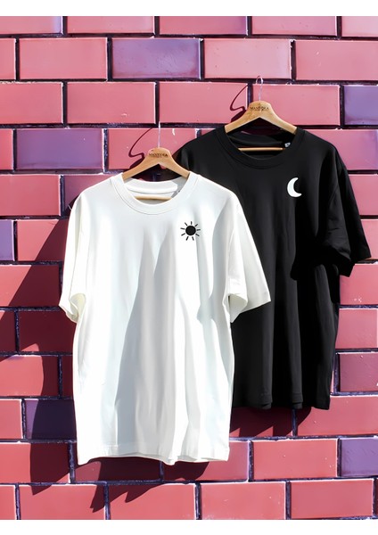 Güneş ve Ay Sevgili Kombini Unisex Oversize Tişört