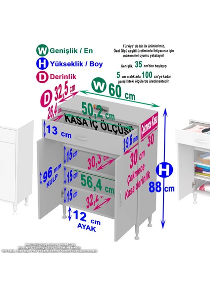 60 x 88 x 32,5 Cm’lik 1 Çekmece 1 Kapak 3 Raf 4 Göz Raflı,şık ve Pratik Organizatör Mutfak Dolabı