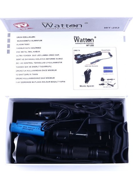 Orjinal 600 Lümen Tx6 Şarjlı Özel Avcı Feneri Watton WT-253 modelleri