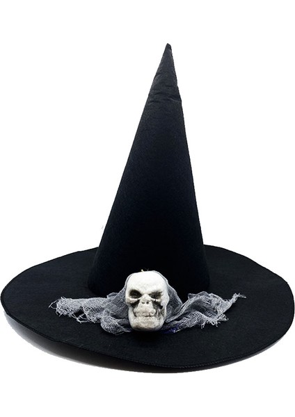 Siyah Renk Gri Duvaklı Kuru Kafa Temalı Cadı Şapkası 35X38 cm