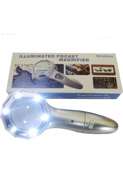 7x Büyüteç 6 LED Işık Aydınlatma 50MM Optik Lens El Büyüteç modelleri