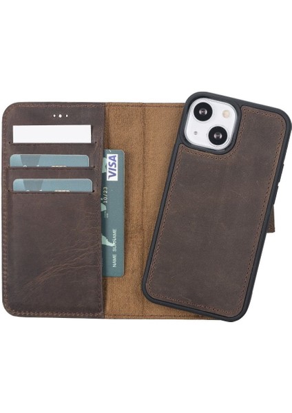 Apple iPhone 13 Mini Uyumlu Deri Cüzdanlı Kılıf G6 Kahverengi