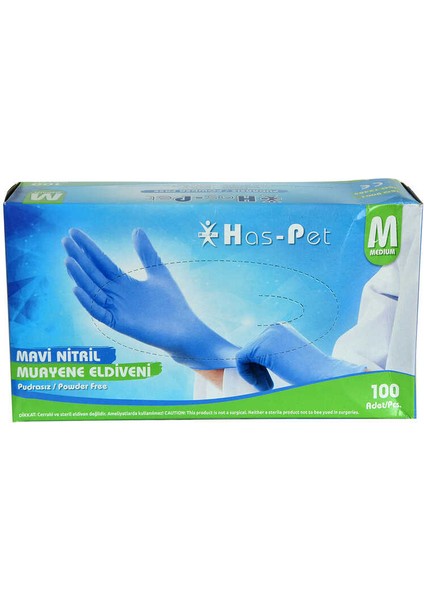 Pudrasız Mavi Nitril Eldiven Orta Boy (M) 100 Lü Paket