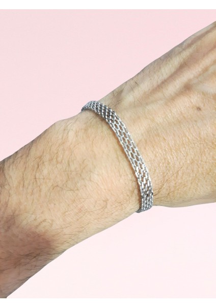 Çelik Bileklik Sık Örme Lüks Model 4 mm Genişlik 19 cm Uzunluk 5 cm Ek Gümüş Silver