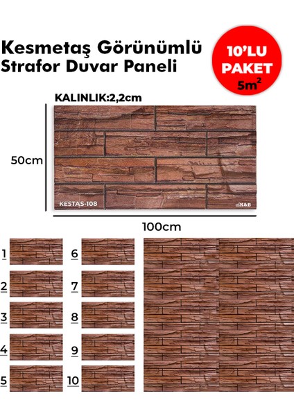 Kesmetaş Görünümlü Strafor Duvar Paneli (10'lu Paket)