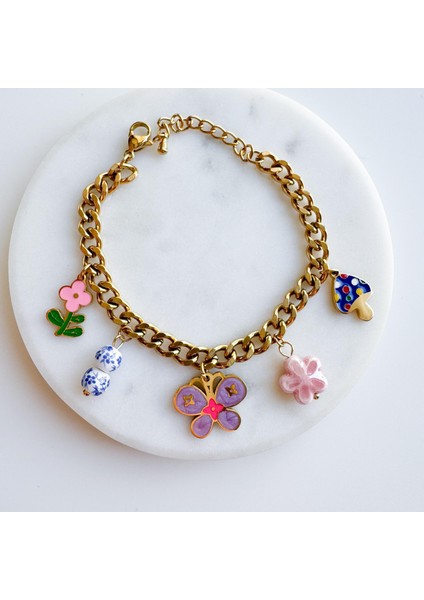 Çelik Flower Charm Bileklik