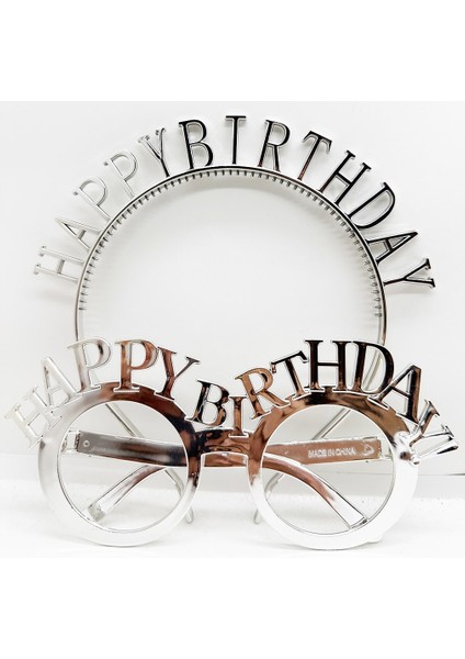 Happy Birthday Yazılı ve Happy Birthday Yazılı Gözlük Seti Gümüş Renk