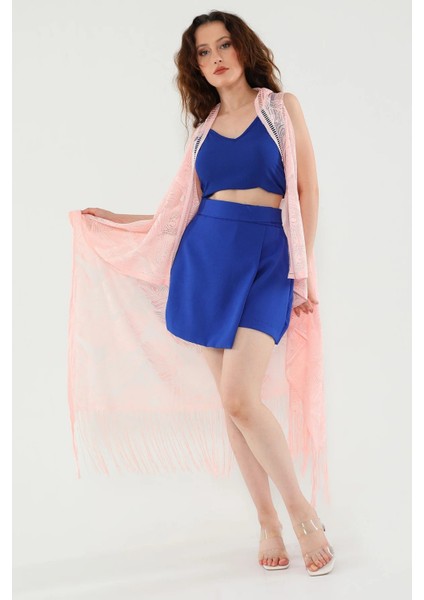 Pareo Dantel Yelek Mayo Bikini Üzeri Yaprak Desenli Püsküllü Plaj Elbisesi - Açık Pembe modelleri