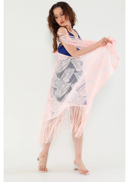Pareo Dantel Yelek Mayo Bikini Üzeri Yaprak Desenli Püsküllü Plaj Elbisesi - Açık Pembe fırsatları