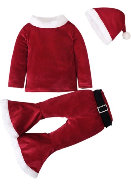 Çocuk Noel Giyim Seti Uzun Kollu Çan Alt Kadife Noel Noel Baba Kostümü 4 Parça Kıyafet Seti Bebek 2-5 Yaş Hediyesi (Yurt Dışından)