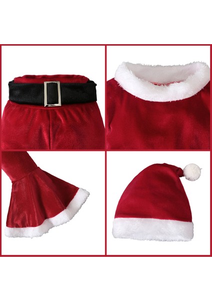 Çocuk Noel Giyim Seti Uzun Kollu Çan Alt Kadife Noel Noel Baba Kostümü 4 Parça Kıyafet Seti Bebek 2-5 Yaş Hediyesi (Yurt Dışından)