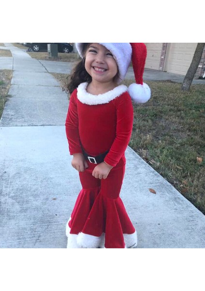 Çocuk Noel Giyim Seti Uzun Kollu Çan Alt Kadife Noel Noel Baba Kostümü 4 Parça Kıyafet Seti Bebek 2-5 Yaş Hediyesi (Yurt Dışından)