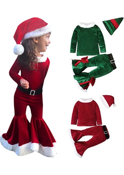 Çocuk Noel Giyim Seti Uzun Kollu Çan Alt Kadife Noel Noel Baba Kostümü 4 Parça Kıyafet Seti Bebek 2-5 Yaş Hediyesi (Yurt Dışından)