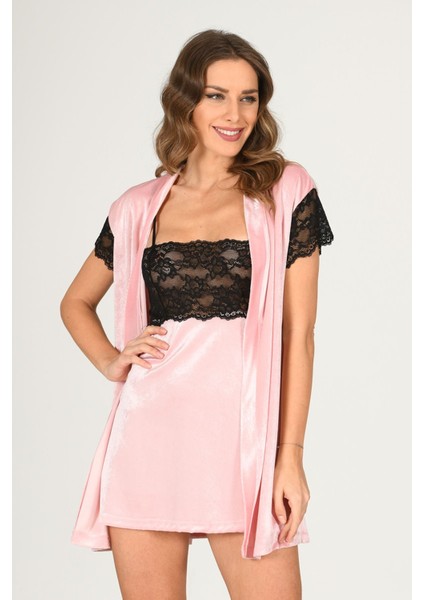 Pudra Kadife Sabahlık & Gecelik Takım 2' Li - 1430 fiyatları