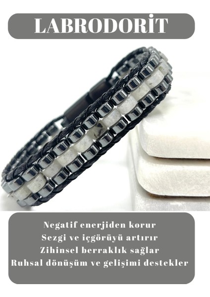 Sertifikalı Labrodorit Disk Model Doğal Taş Erkek Bileklik Kilitli Kapama