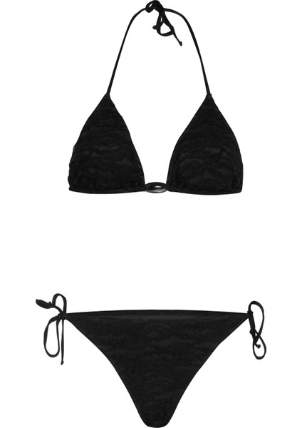Üçgen Bikini Takım Krinkıl Siyah Renkli Kadın Plaj Modası İçin Tasarlandı