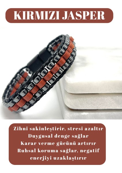 Sertifikalı Kırmızı Jasper Disk Model Doğal Taş Erkek Bileklik Kilitli Kapama