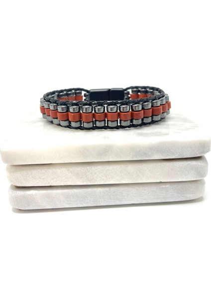 Sertifikalı Kırmızı Jasper Disk Model Doğal Taş Erkek Bileklik Kilitli Kapama fiyatları