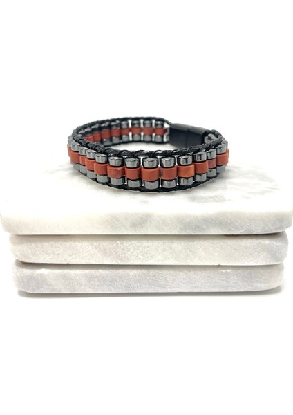 Sertifikalı Kırmızı Jasper Disk Model Doğal Taş Erkek Bileklik Kilitli Kapama modelleri