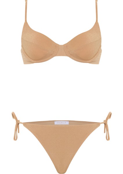 Arkası Büzgülü Gold Lurex Balenli Bikini Takım