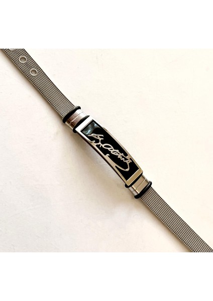 Kemal Atatürk Imzalı Silver&siyah Kemer Kordonlu 1. Sınıf Çelik Bileklik 23 cm modelleri
