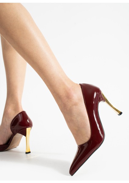 Orpny Bordo Rugan Kadın Stiletto Altın 9cm Topuklu Kadın Topuklu Ayakkabı indirimleri