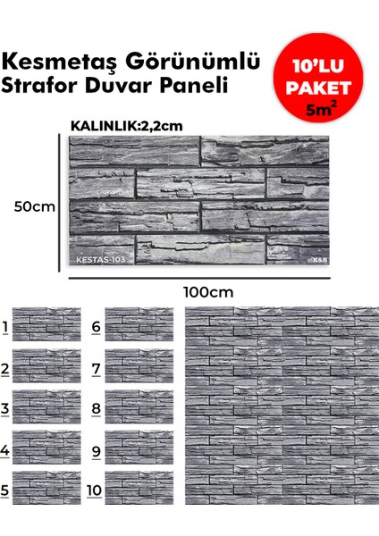 Kesmetaş Görünümlü Strafor Duvar Paneli (10'lu Paket)