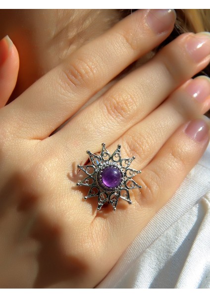 Doğal Taş Ametist Doğal Taşlı Yıldız Model Telkari Kadın Ayarlanabilir Gümüş Kaplama Yüzük EUY60AMTR fiyatları