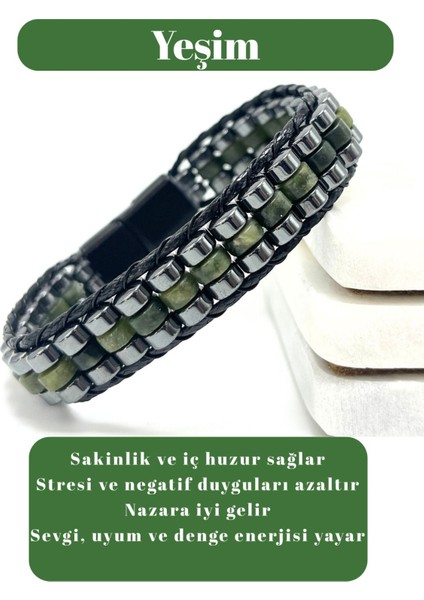 Sertifikalı Yeşim Disk Model Doğal Taş Erkek Bileklik Kilitli Kapama