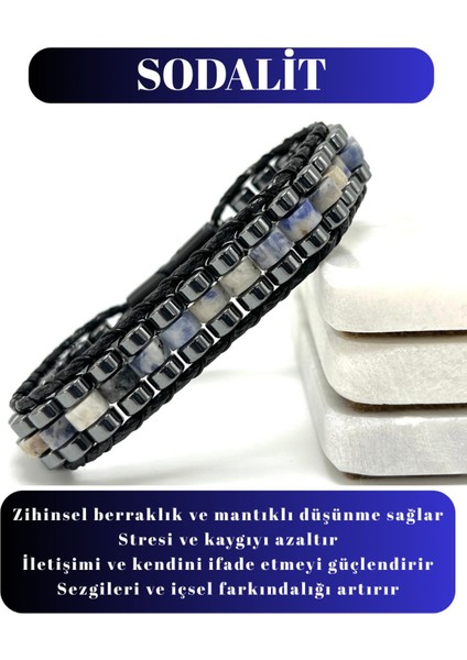 Sertifikalı Sodalit Disk Model Doğal Taş Erkek Bileklik Kilitli Kapama