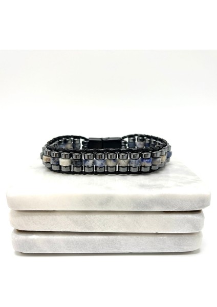 Sertifikalı Sodalit Disk Model Doğal Taş Erkek Bileklik Kilitli Kapama fiyatları