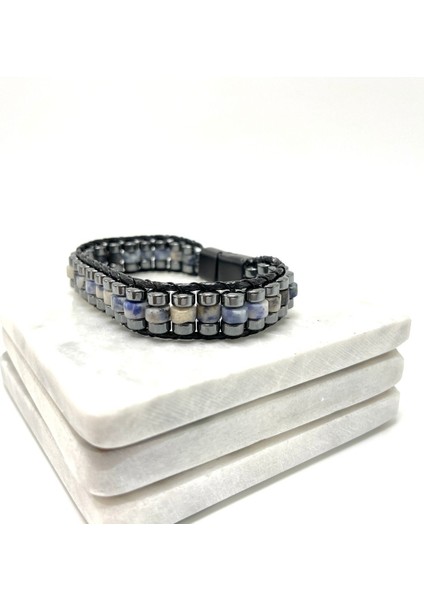 Sertifikalı Sodalit Disk Model Doğal Taş Erkek Bileklik Kilitli Kapama modelleri