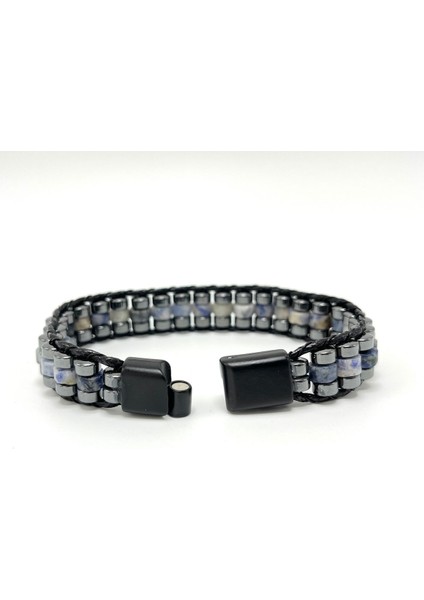 Sertifikalı Sodalit Disk Model Doğal Taş Erkek Bileklik Kilitli Kapama indirimleri