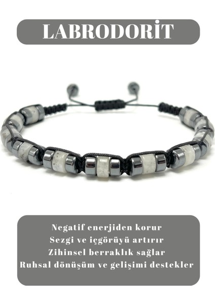 Sertifikalı Labrodorit Disk Model Doğal Taş Makrome Bileklik Ayarlanabilir Ölçü