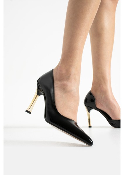 Orpny Siyah Rugan Kadın Stiletto Altın 9cm Topuklu Kadın Topuklu Ayakkabı