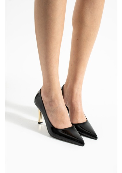 Orpny Siyah Rugan Kadın Stiletto Altın 9cm Topuklu Kadın Topuklu Ayakkabı