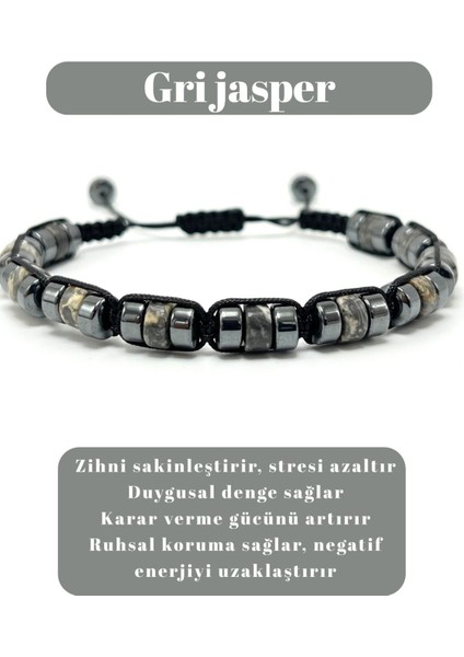 Sertifikalı Gri Jasper Disk Model Doğal Taş Makrome Bileklik Ayarlanabilir Ölçü