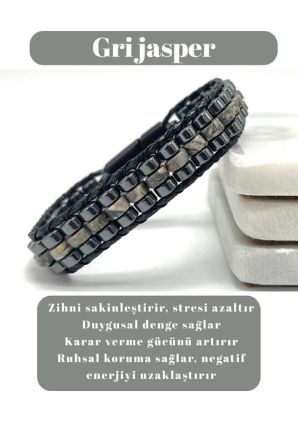 Sertifikalı Gri Jasper Disk Model Doğal Taş Erkek Bileklik Kilitli Kapama