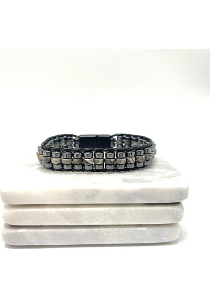 Sertifikalı Gri Jasper Disk Model Doğal Taş Erkek Bileklik Kilitli Kapama fiyatları