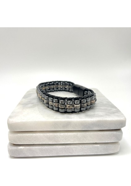 Sertifikalı Gri Jasper Disk Model Doğal Taş Erkek Bileklik Kilitli Kapama modelleri