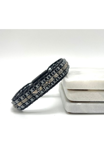 Sertifikalı Gri Jasper Disk Model Doğal Taş Erkek Bileklik Kilitli Kapama indirimleri